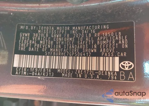 2016 Toyota Corolla Le из США, поврежденный, VIN 5YFBURHE7GP506412